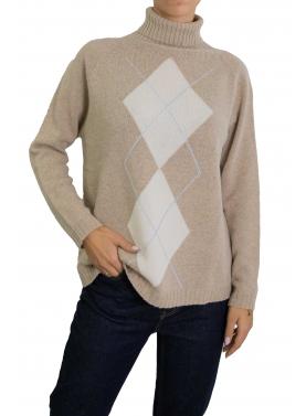 Maglione con rombi bicolore  collo alto misto cashmere